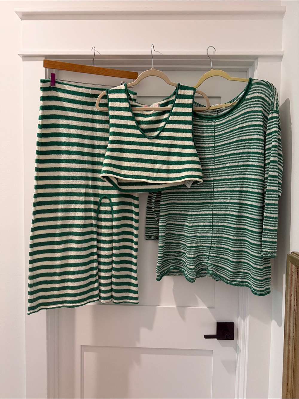 Free People Striped Green and Cream Knit maxi Skirt,cropped top and long top set
